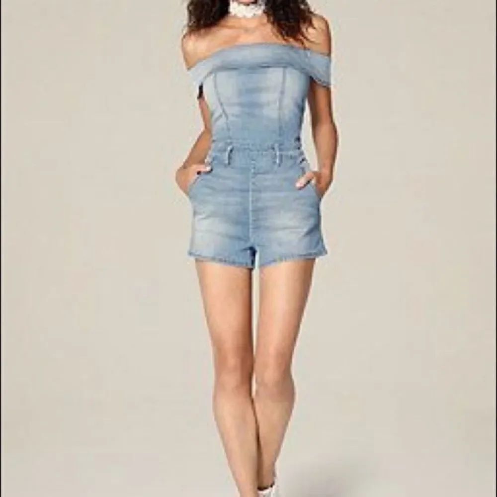 Bebe Off The Shoulder Denim Distressed Romper Contemporary Feminine Festival